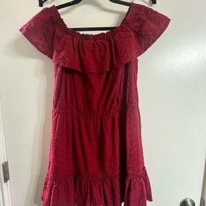 Off-Shoulder Wine Eyelet Mini Dress